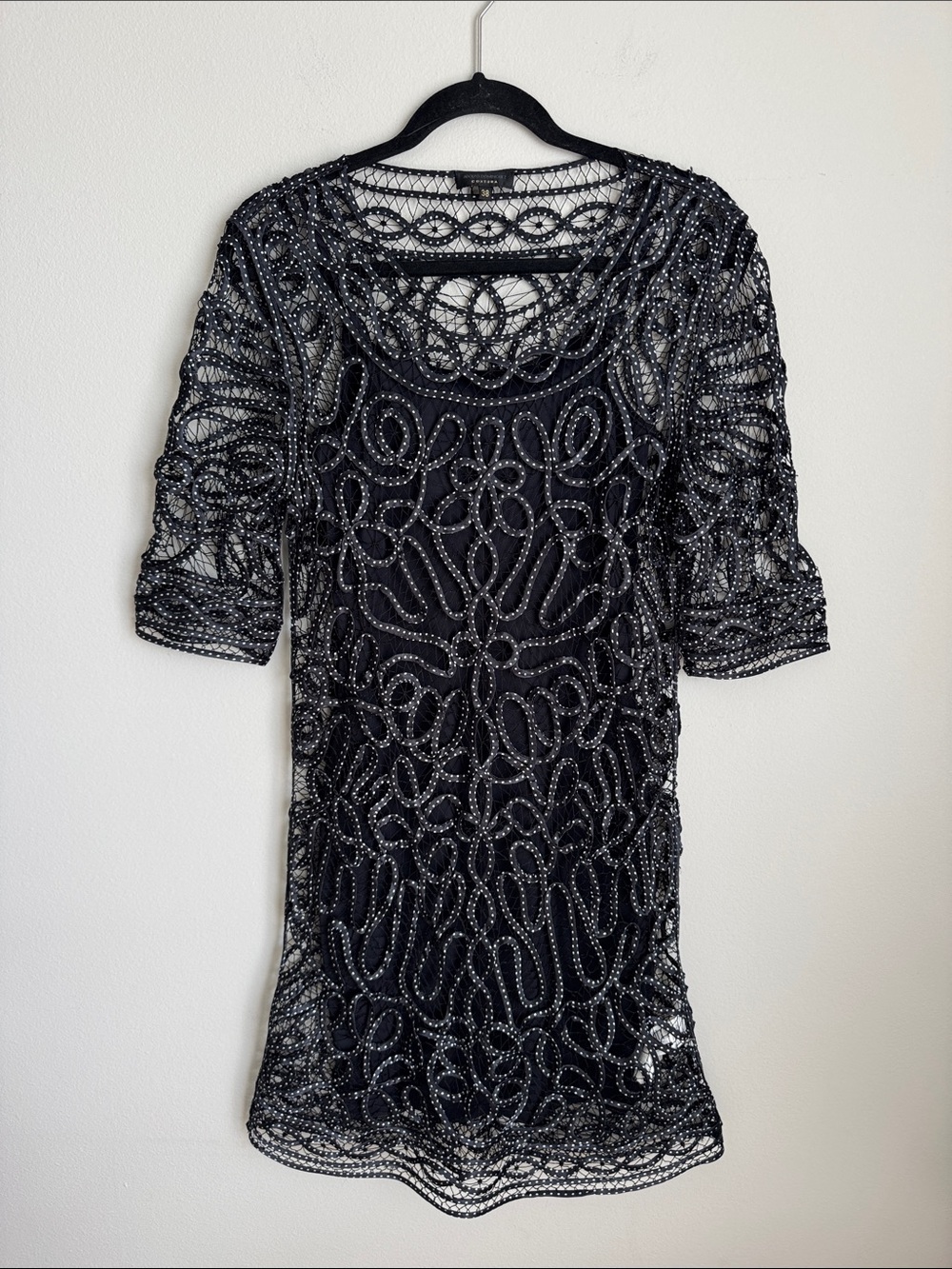 Adolfo Dominguez Costura Black Mesh Ribbon Cocktail Dress Size US 4 EU 38 Sheer - Picture 2 of 12